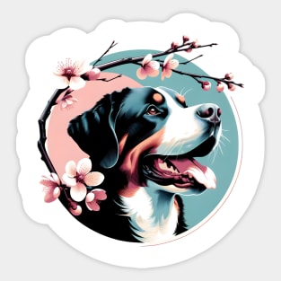 Joyful Greater Swiss Mountain Dog with Spring Cherry Blossoms Sticker